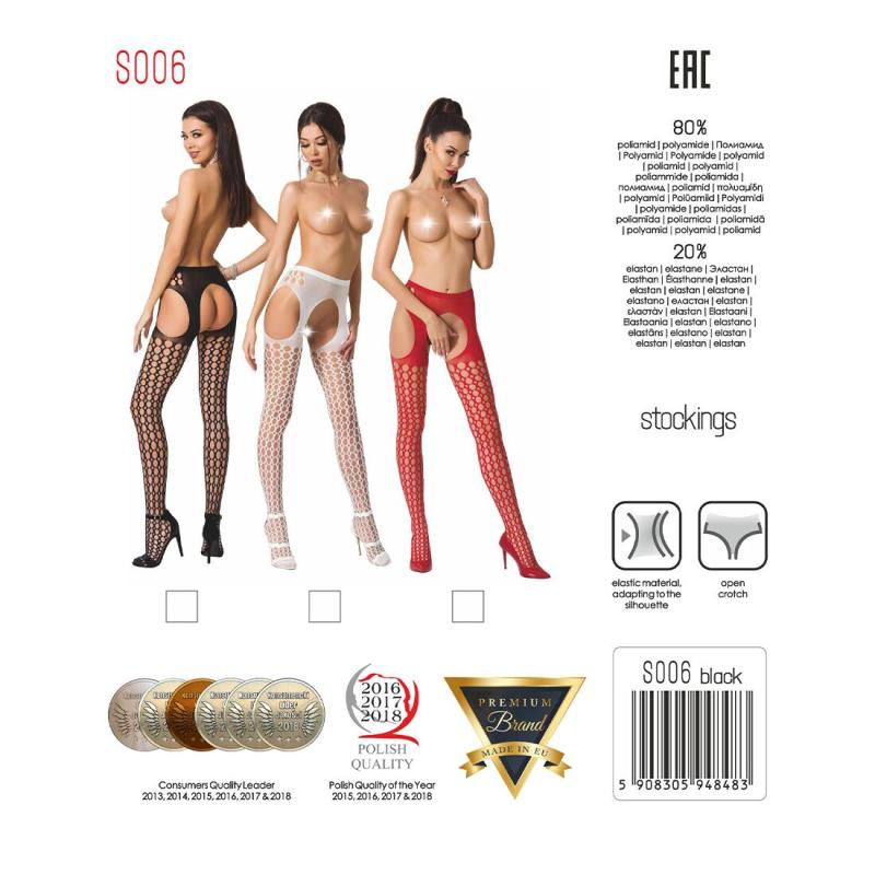 PSS006W Эротические колготки-бодистокинг Passion S006 white, имитация чулок в крупную сетку и пояса