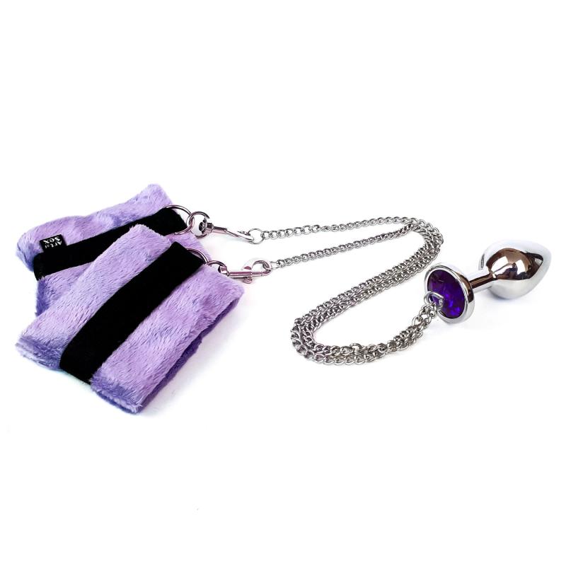SO6183 Наручники с металлической анальной пробкой Art of Sex Handcuffs with Metal Anal Plug size M Purple