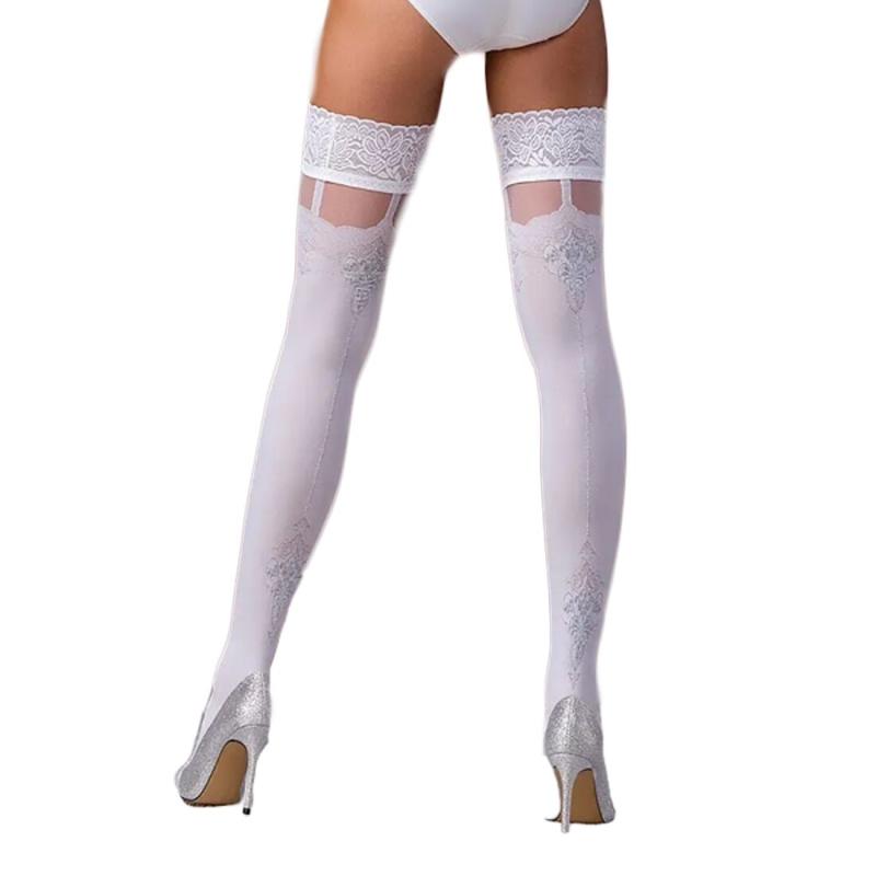 SO5791 Чулки Passion ST121 1/2 белые, на ажурной силиконовой резинке, с цветочным орнаментом и вертикальным