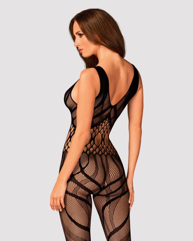 SO7249 Сетчатый бодистокинг с вырезами и рисунком Obsessive Bodystocking G328 S/M/L, черный, комбинезон