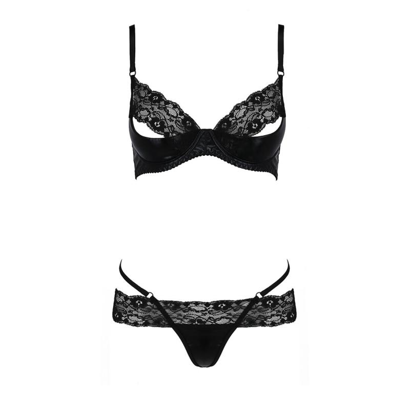 PS24008 Комплект белья NORTH SET black S/M - Passion Exclusive: лиф и трусики с элементами под латекс