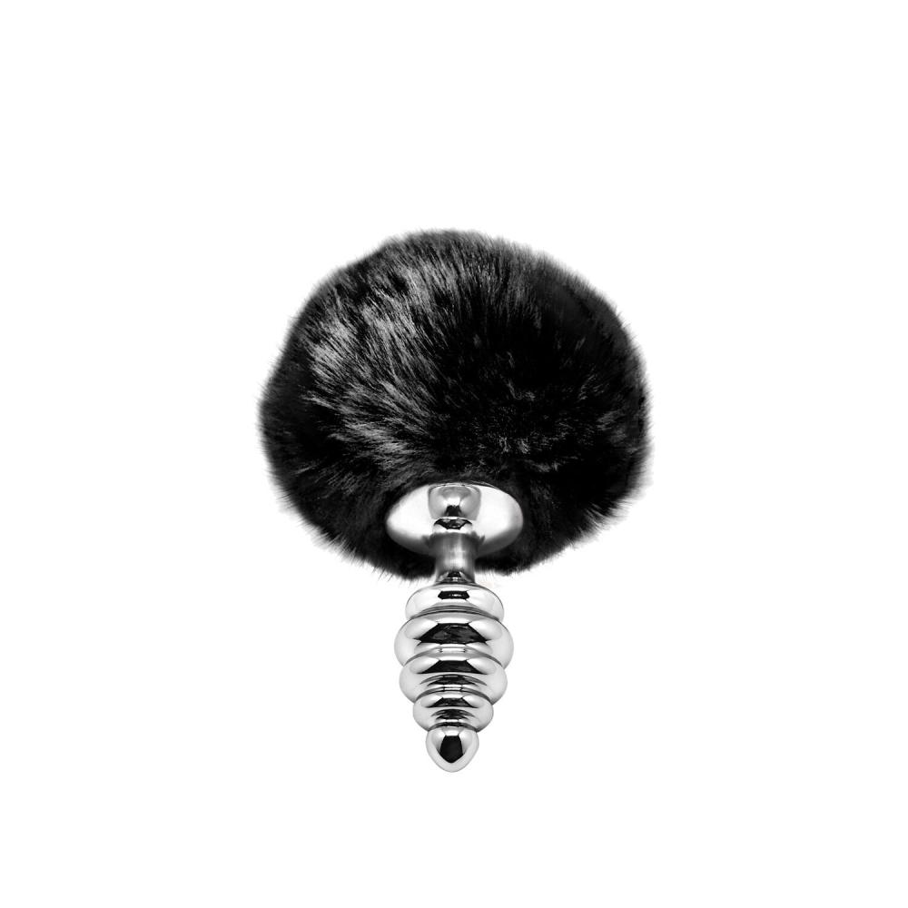 SO6307 Металлическая анальная пробка Кроличий хвостик Alive Fluffy Twist Plug S Black, диаметр 2,9 см