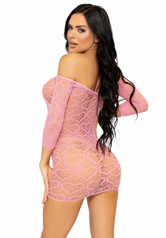 SO7960 Платье-сетка с сердечками Leg Avenue Heart net mini dress Pink, завязки, открытые плечи, one size