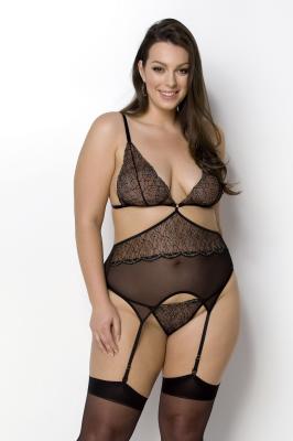 Корсет с пажами Passion Amberly Corset 6XL/7XL black, ассиметричный крой, кружева, стринги