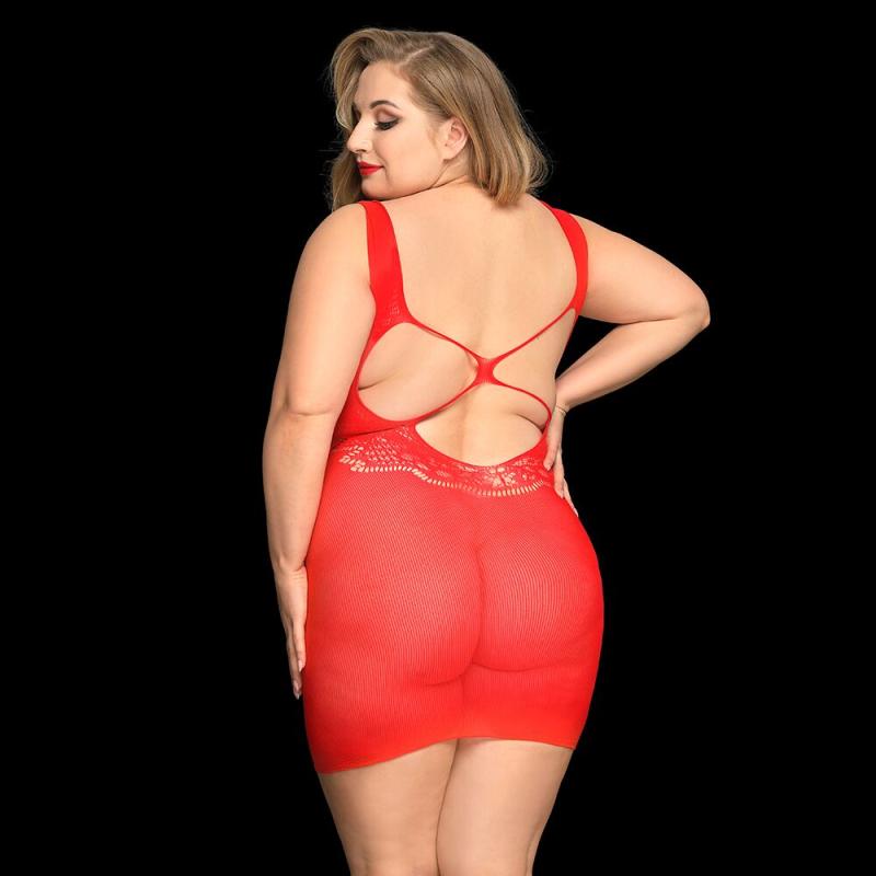 SO8387 Сексуальное сетчатое платье JSY «Страстная Эвелин» Plus Size, Red, кружево, открытая спинка
