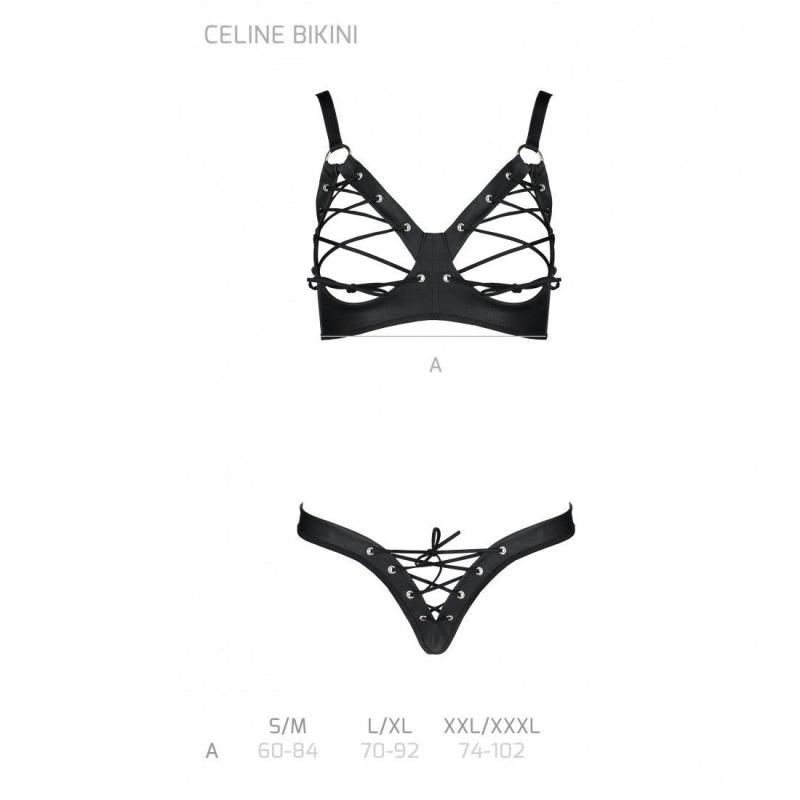 SO6402 Комплект из экокожи CELINE BIKINI black XXL/XXXL — Passion: открытый бра с лентами, стринги со шнуро
