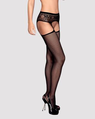 Сетчатые чулки-стокинги с кружевным поясом Obsessive Garter stockings S307 XL/XXL, черные, имитация