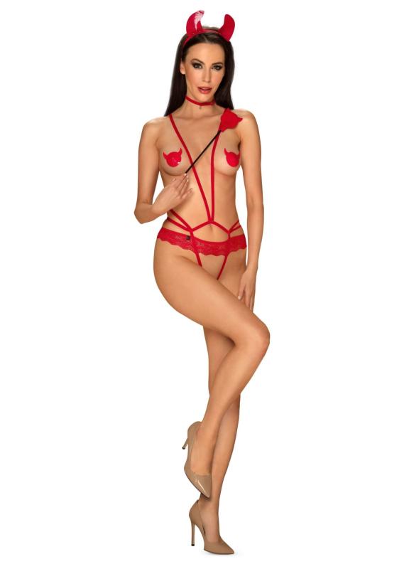 SO7707 Еротичний костюм чортика зі стреп Obsessive Evilia teddy red L/XL, боді, чокер, накладки на соски, о