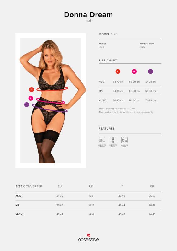SO8638 Комплект белья Obsessive Donna Dream 3-pcs set XL/2XL Black, бюстгальтер, стринги, пояс для чулок