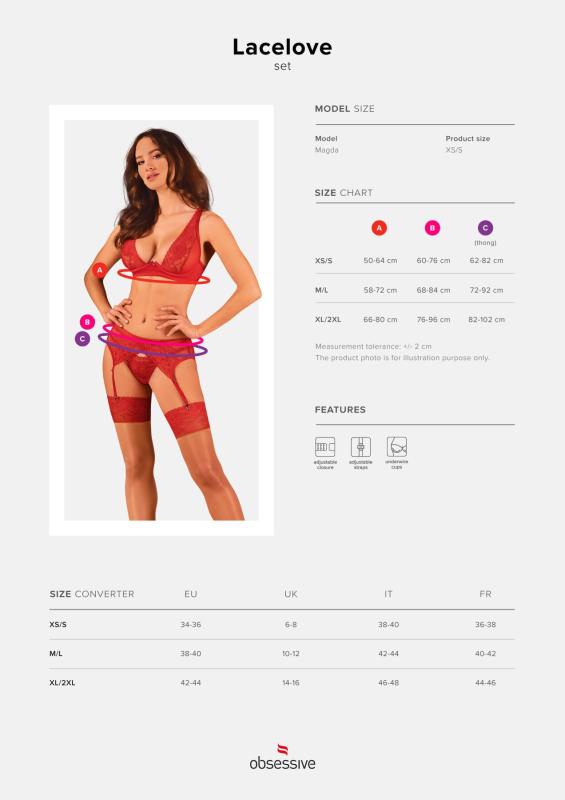 SO8657 Комплект белья Obsessive Lacelove cupless 3-pcs set XL/2XL Red, бюстгальтер, стринги, пояс для чулок