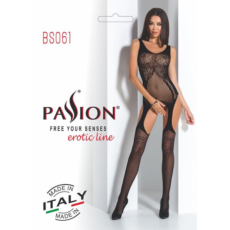 PBS061B Бодистокинг Passion BS061 black, комбинезон, имитация чулок