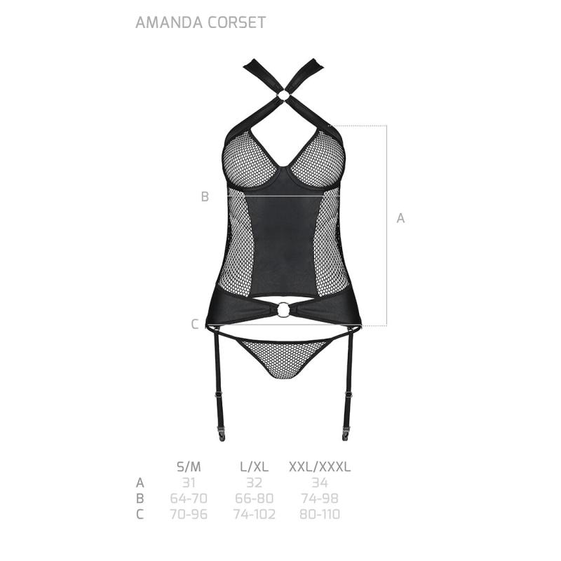 SO5318 Сетчатый комплект корсет с халтером, съемные подвязки и трусики Amanda Corset black L/XL - Passion