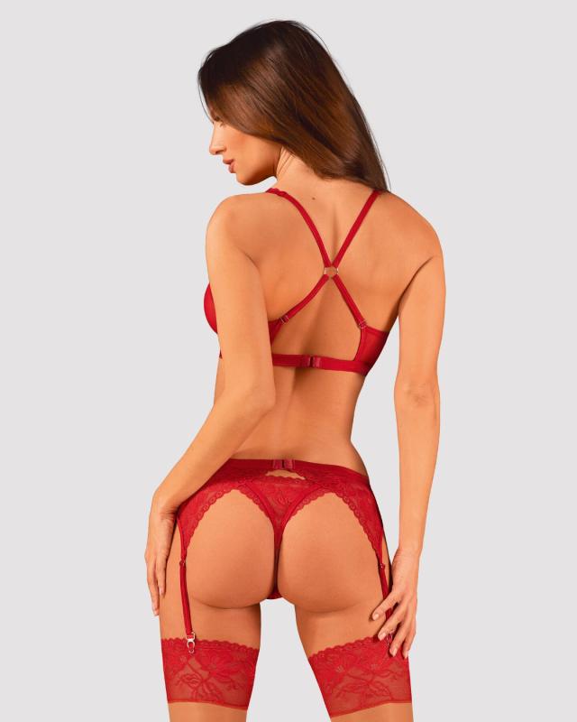 SO8657 Комплект белья Obsessive Lacelove cupless 3-pcs set XL/2XL Red, бюстгальтер, стринги, пояс для чулок