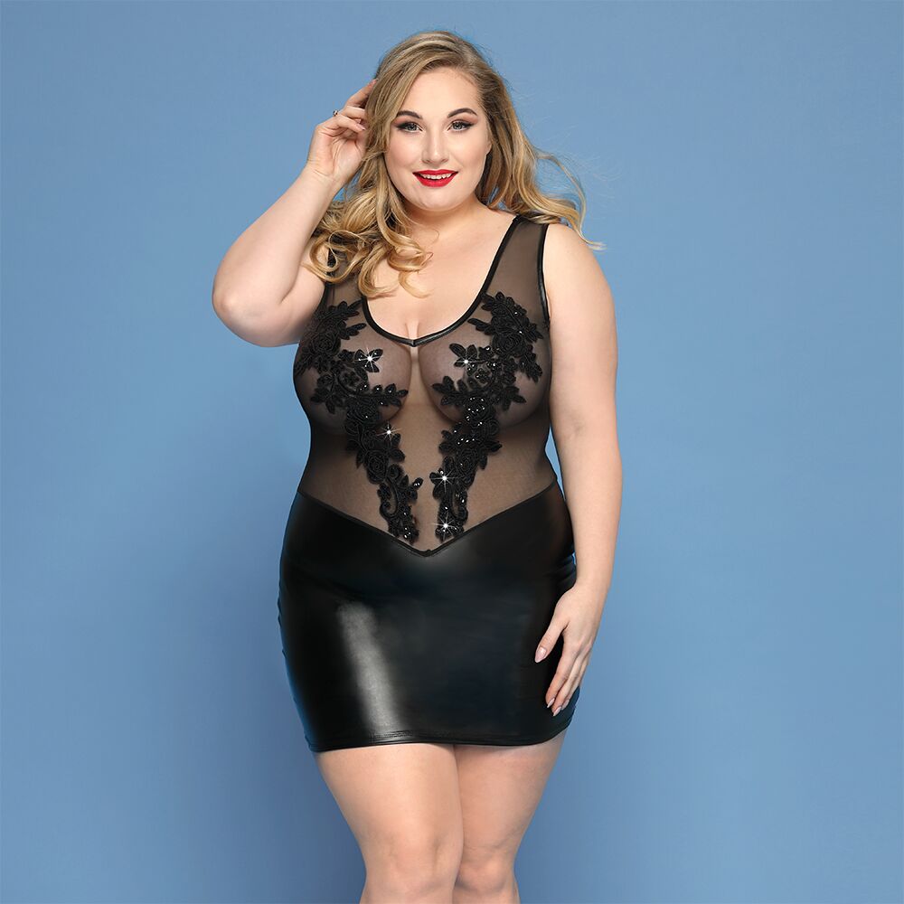 SO8386 Элегантное платье JSY «Леди София» Plus Size, black, мелкая сетка, вышивка, экокожа