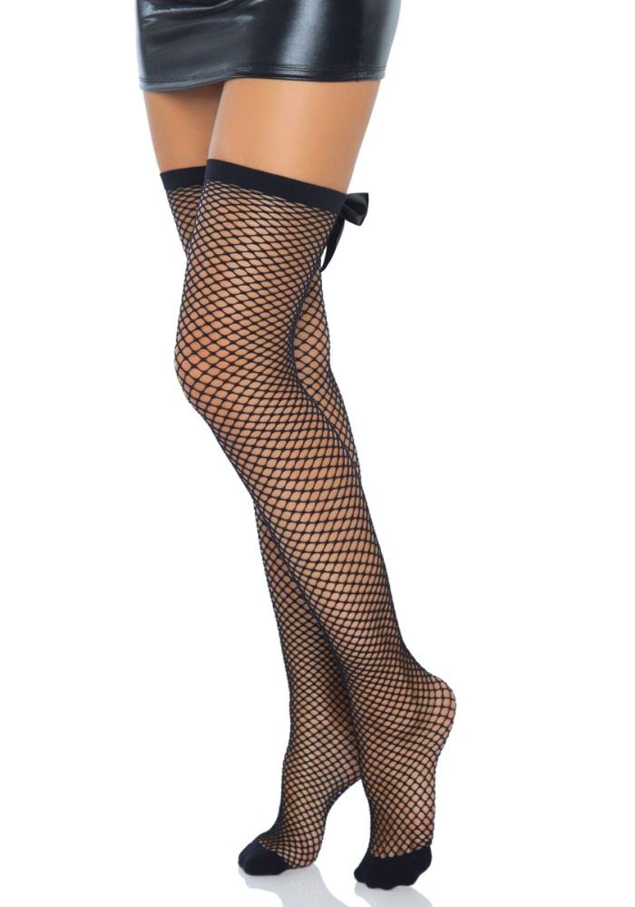 SO8600 Чулки-сетка со швом сзади Leg Avenue Bow back seam thigh highs One size Black, атласный бант