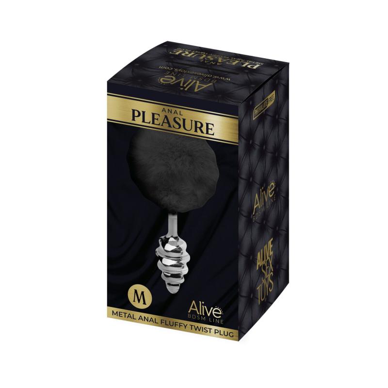SO6309 Металлическая анальная пробка Кроличий хвостик Alive Fluffy Twist Plug M Black, диаметр 3,4 см