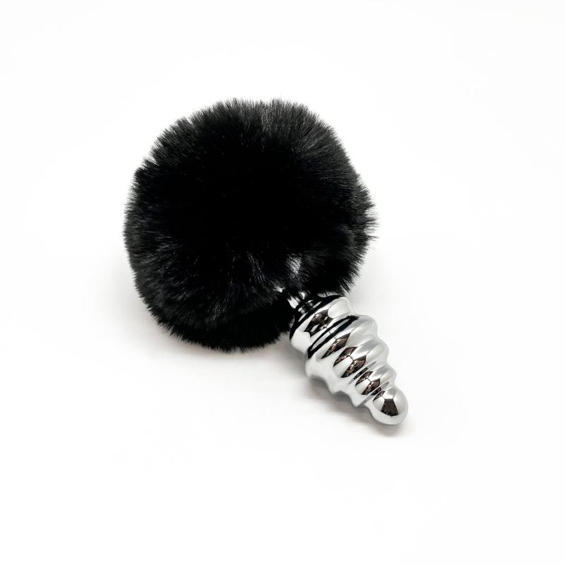 SO6309 Металлическая анальная пробка Кроличий хвостик Alive Fluffy Twist Plug M Black, диаметр 3,4 см