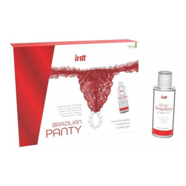 SO7128 Набор Intt BRAZILIAN PANTY RED: трусики на завязках S-XL с жемчужным кольцом + клубничный лубрикант