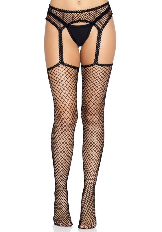 SO8577 Чулки-сетка Leg Avenue Net stockings with garter belt One size Black, пояс, подвязки