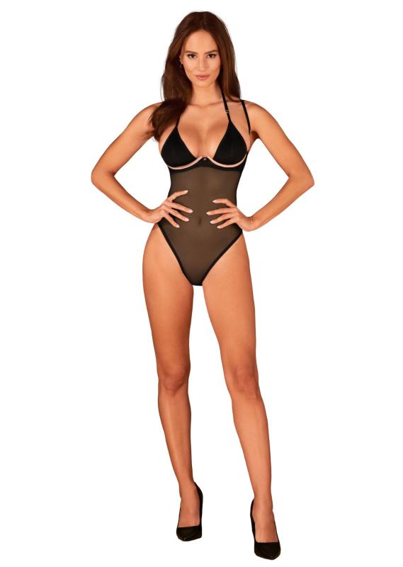 SO8665 Прозрачное боди Obsessive Selinne teddy M/L Black, мелкая сетка, двойные бретели