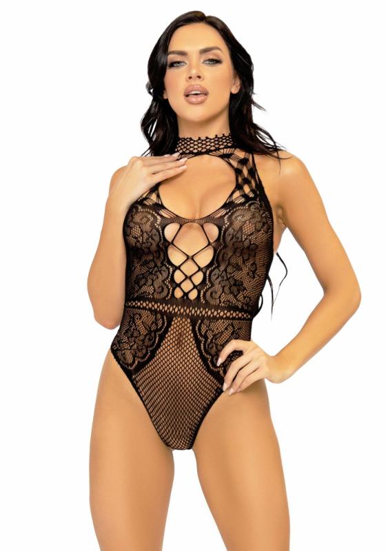 SO7898 Leg Avenue Net and lace halter bodysuit OS Black