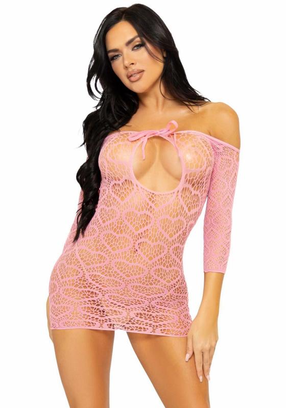 SO7960 Платье-сетка с сердечками Leg Avenue Heart net mini dress Pink, завязки, открытые плечи, one size