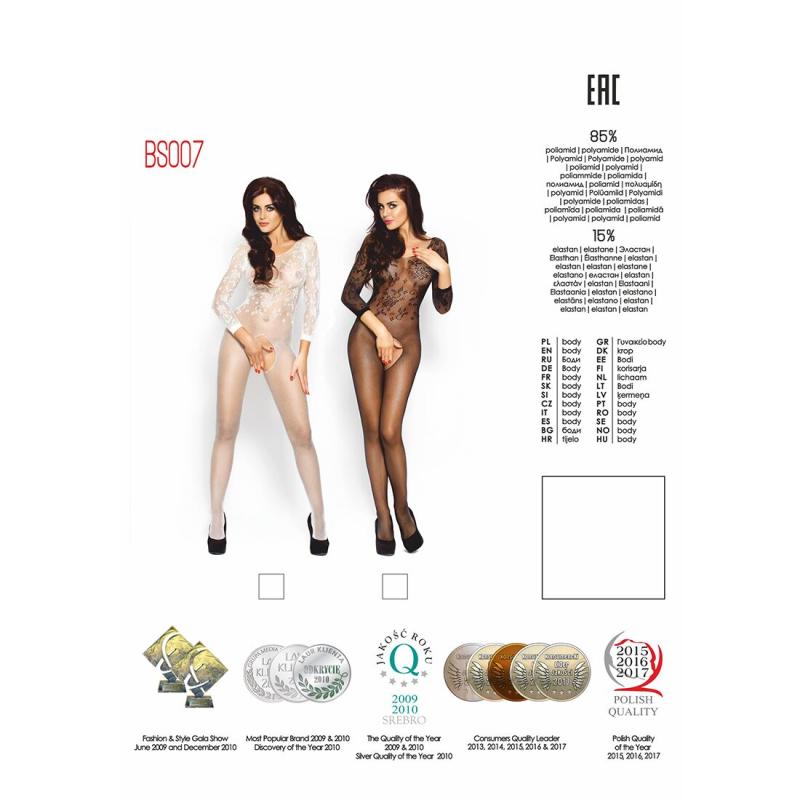 PBS007W Бодистокинг Passion BS007 white, комбинезон, закрытые плечи, рукав 3/4