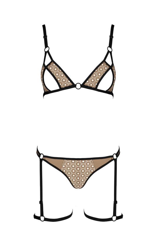 SO8438 Эротический комплект нижнего белья Passion GABI SET XXL/XXXL beige, трусики с гартерами