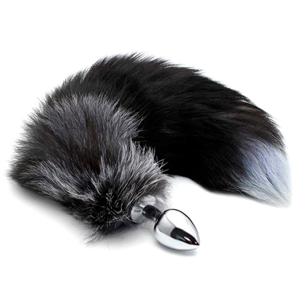 SO6322 Металева анальна пробка Лисячий хвіст Alive Black And White Fox Tail M, діаметр 3,4 см