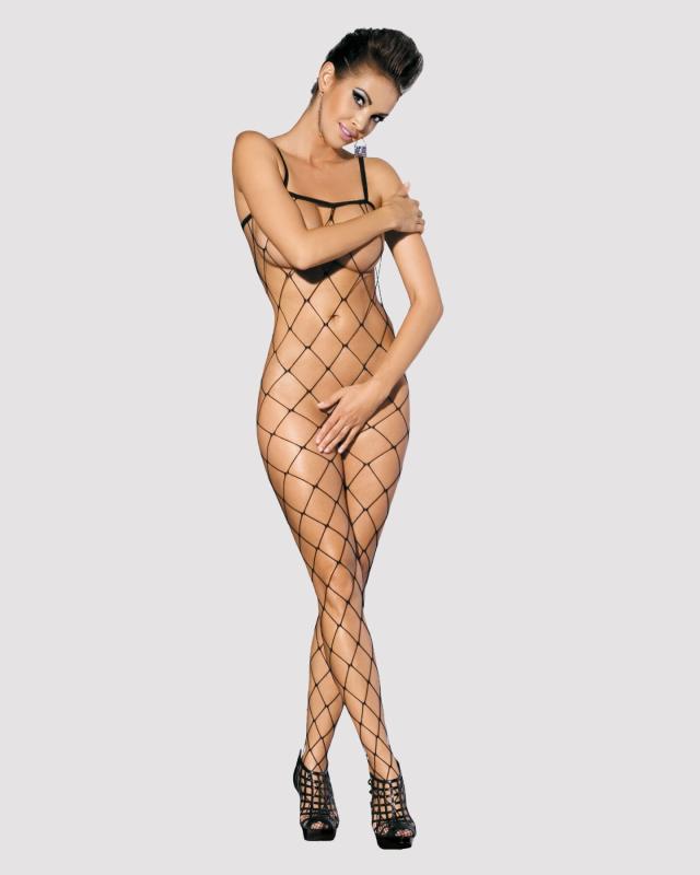 SO7251 Бодистокинг с крупной ячейкой и открытой грудью Obsessive Bodystocking N102 S/M/L, черный, комбинезо