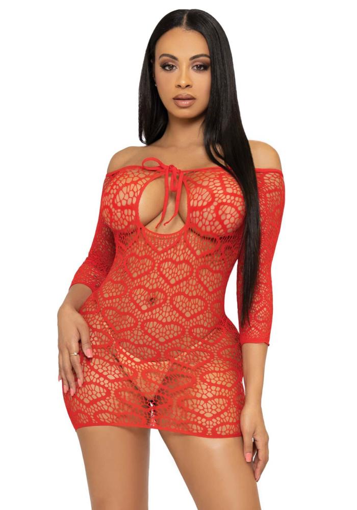 SO7885 Платье-сетка с сердечками Leg Avenue Heart net mini dress Red, завязки, открытые плечи, one size