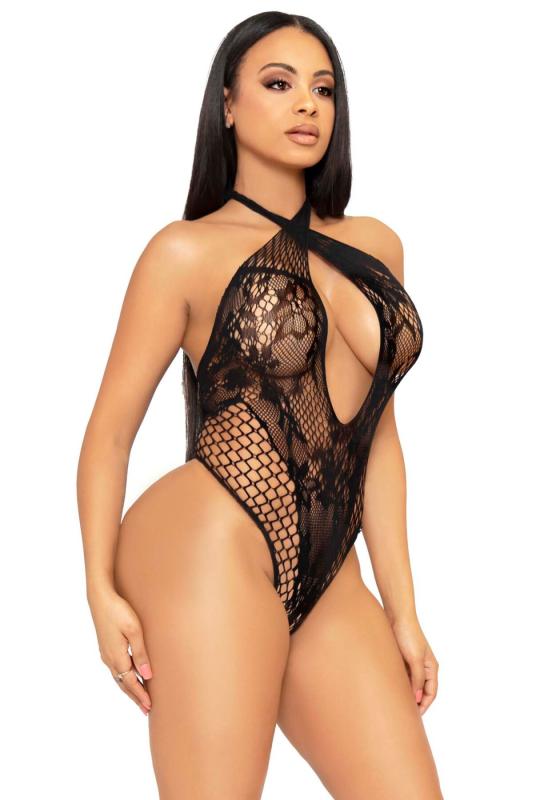 SO8557 Кружевное тедди Leg Avenue Lace and net halter teddy One size Black, глубокий вырез, халтер