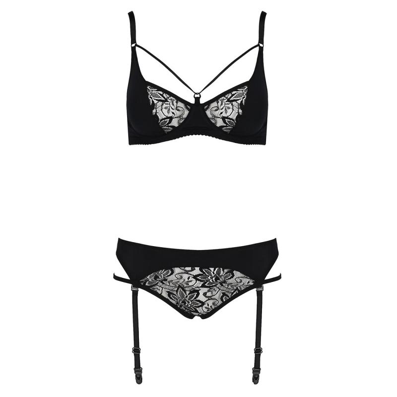 EL15804 Комплект белья PAULINE SET black L/XL Passion: стрэпы: лиф, стринги и пояс для чулок
