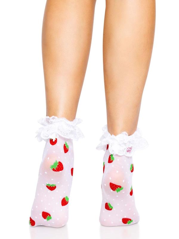 SO8583 Носки женские с клубничным принтом Leg Avenue Strawberry ruffle top anklets One size, кружевные манж