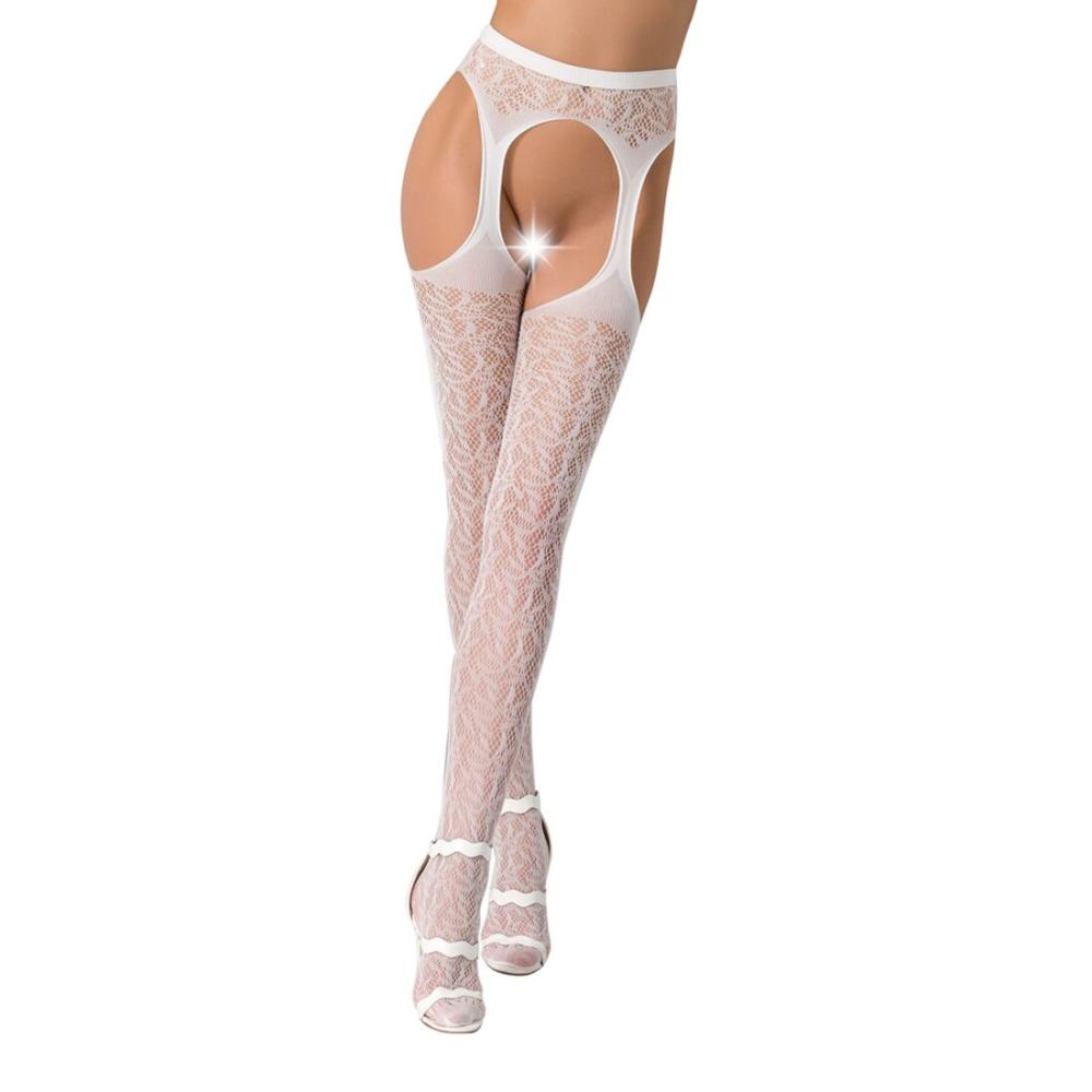 PSS014W Эротические колготки-бодистокинг Passion S014 white, имитация чулок в сеточку и пояса