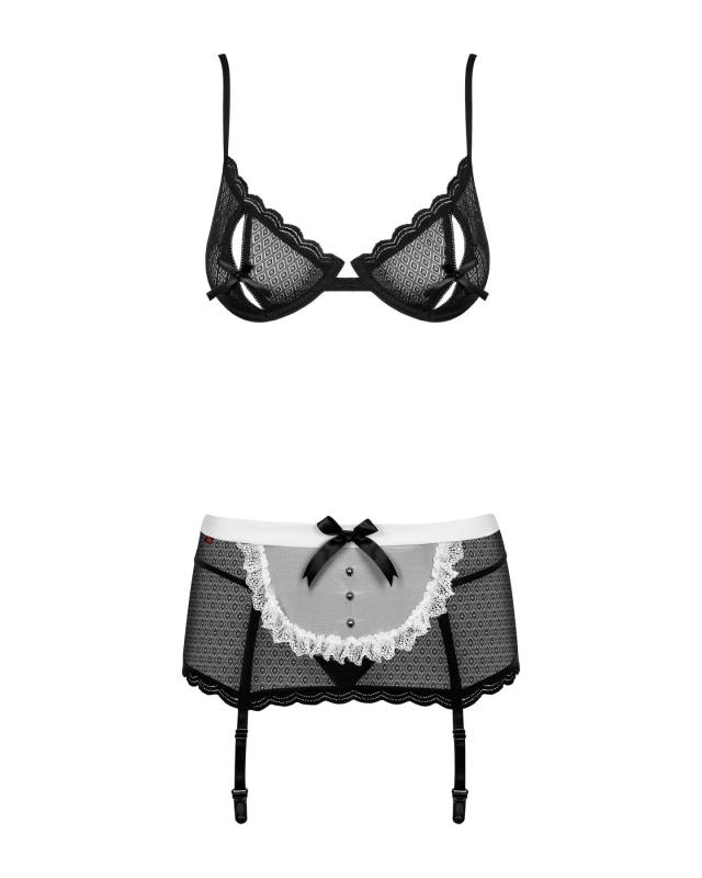 SO7290 Еротичний костюм покоївки Obsessive Maidme set 5pcs S/M, бюстгальтер, пояс з фартухом, панчохи, стрі