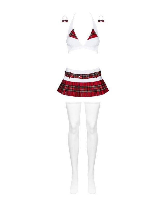 SO7305 Эротический костюм школьницы с мини-юбкой Obsessive Schooly 5pcs costume L/XL бело-красный, топ, юбк