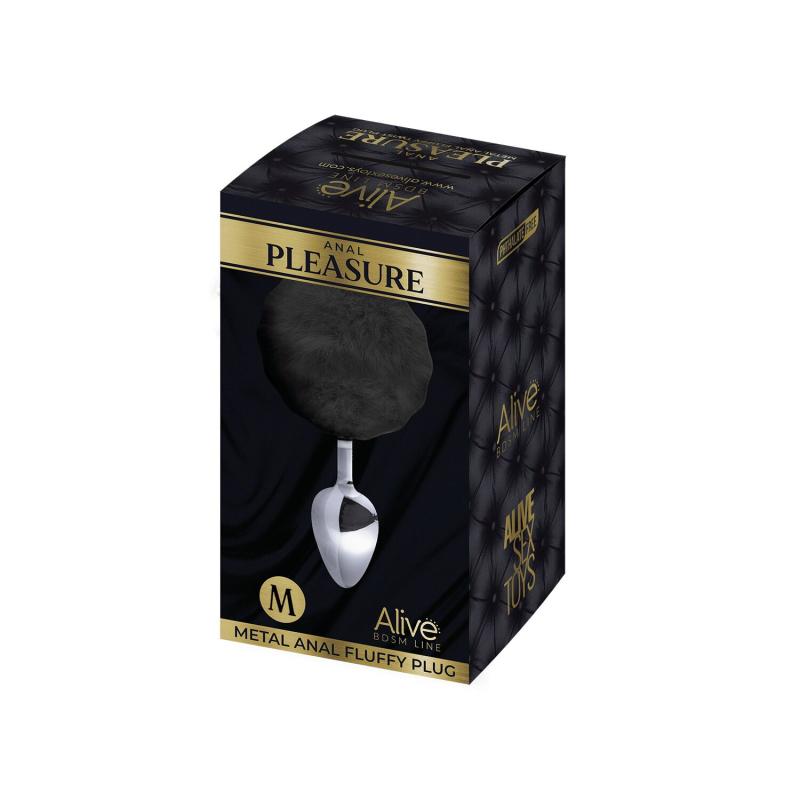 SO6315 Металлическая анальная пробка Кроличий хвостик Alive Fluffy Plug M Black, диаметр 3,4 см
