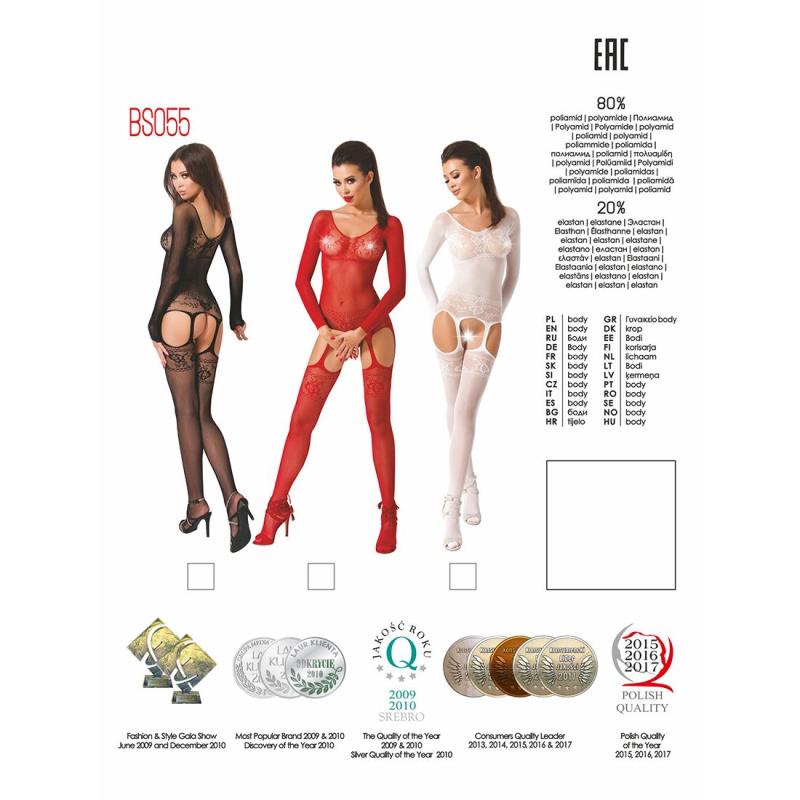 PBS055R Бодистокинг Passion BS055 red, комбинезон, имитация чулок и пояса, длинный рукав, закрытое плечо