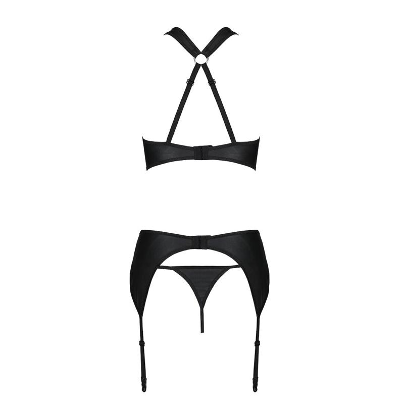 SO5352 Сетчатый набор с узором: бюстгальтер с халтером, трусики и пояс для чулок Hima Set black L/XL - Pass