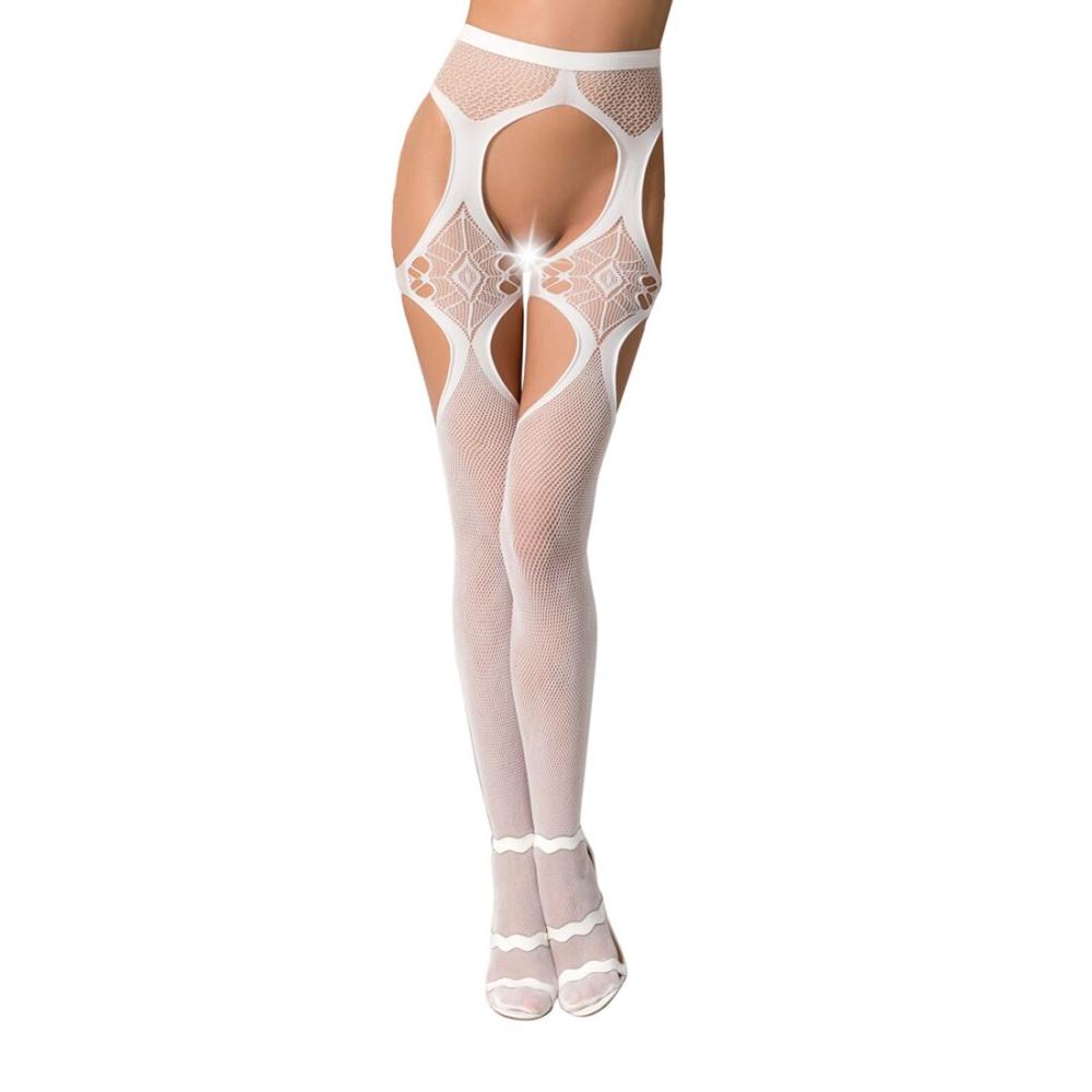 PSS023W Эротические колготки-бодистокинг Passion S023 white, имитация чулок с секси ромбами и пояском