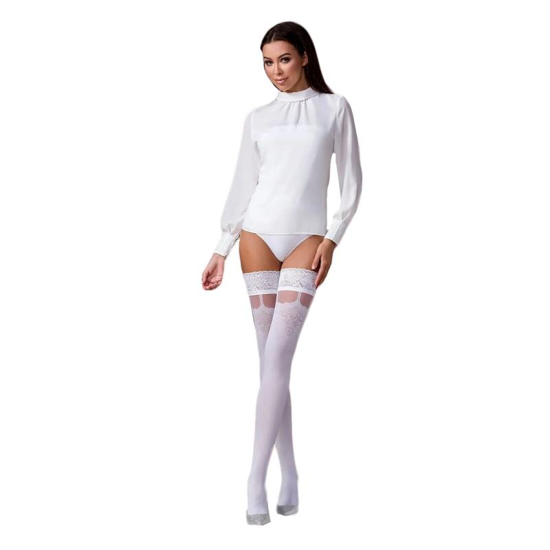 SO5791 Чулки Passion ST121 1/2 белые, на ажурной силиконовой резинке, с цветочным орнаментом и вертикальным