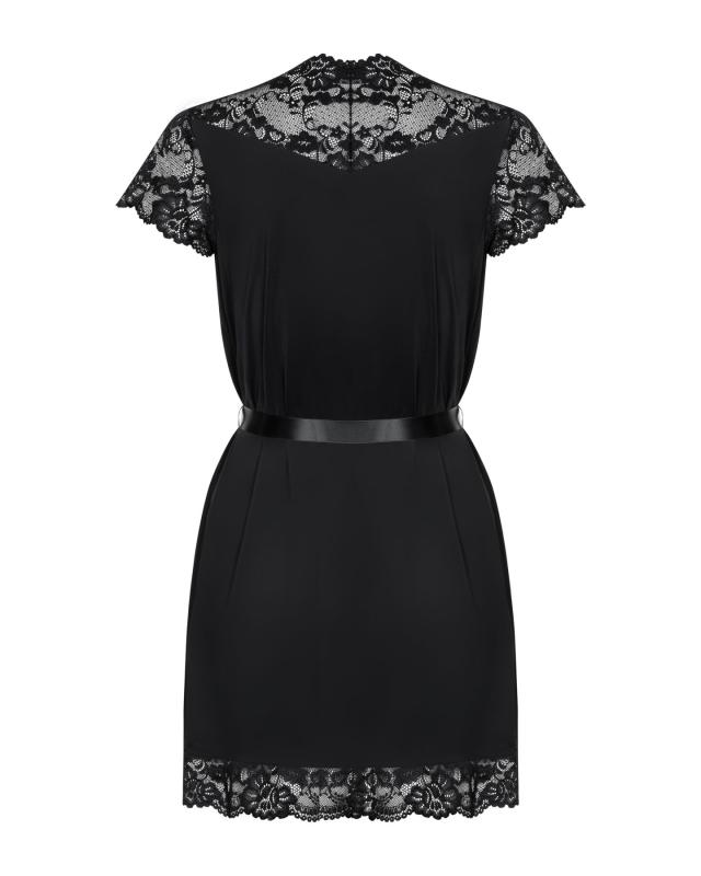 SO7160 Сатиновый открытый пеньюар на поясе Obsessive 810-PEI–1 peignoir black S/M, черный