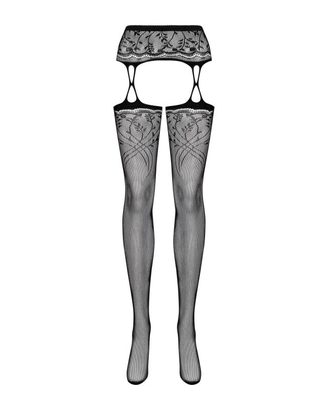 SO7265 Чулки-стокинги с растительным рисунком Obsessive Garter stockings S206 black S/M/L черные, имитация