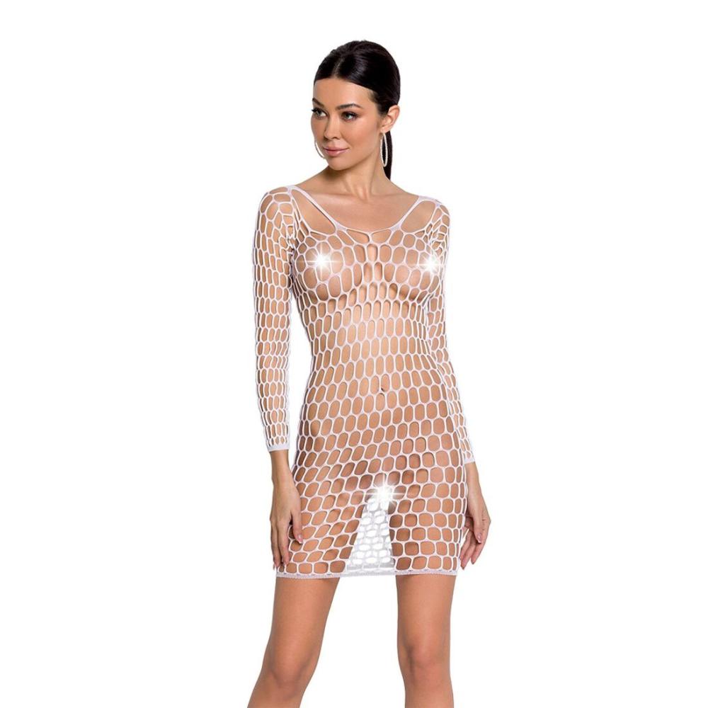 SO6399 Бодистокинг-платье с глубоким воротом Passion BS093 white, длинные рукава