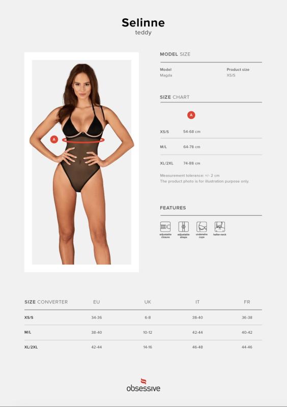 SO8665 Прозрачное боди Obsessive Selinne teddy M/L Black, мелкая сетка, двойные бретели