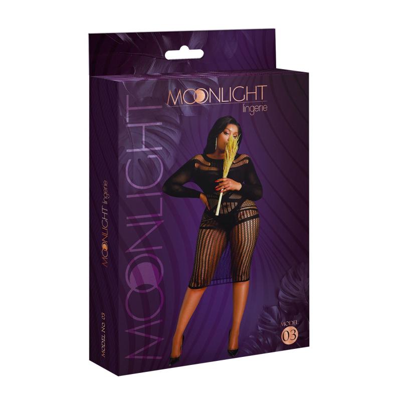 SO8194 Платье-бодистокинг Moonlight Plus Model 03 XL-XXXL Black, миди, длинный рукав