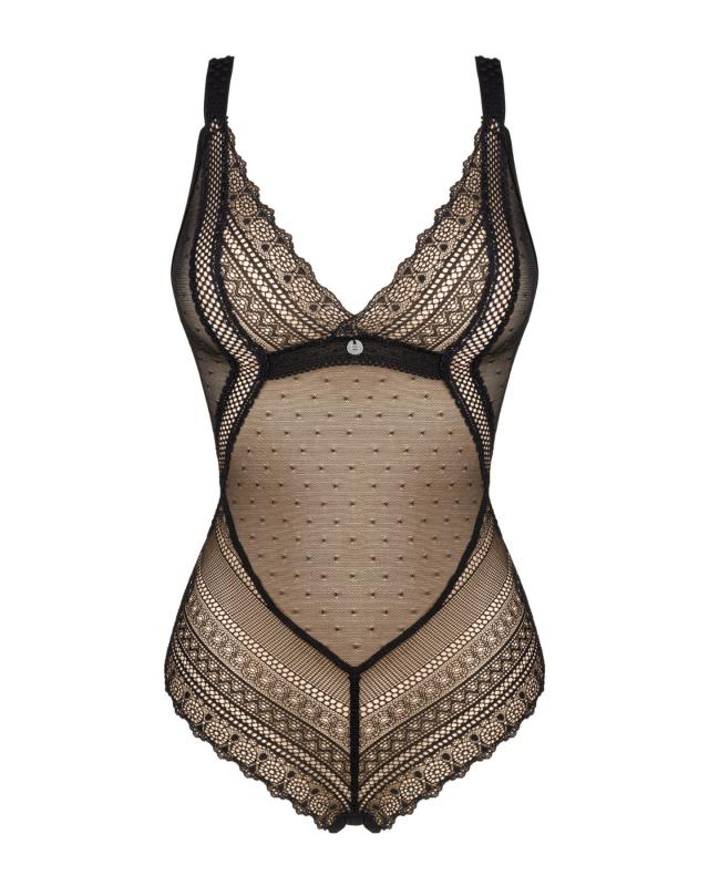 SO7260 Мереживне боді з декольте Obsessive Estiqua teddy M/L, чорне, широкі лямки