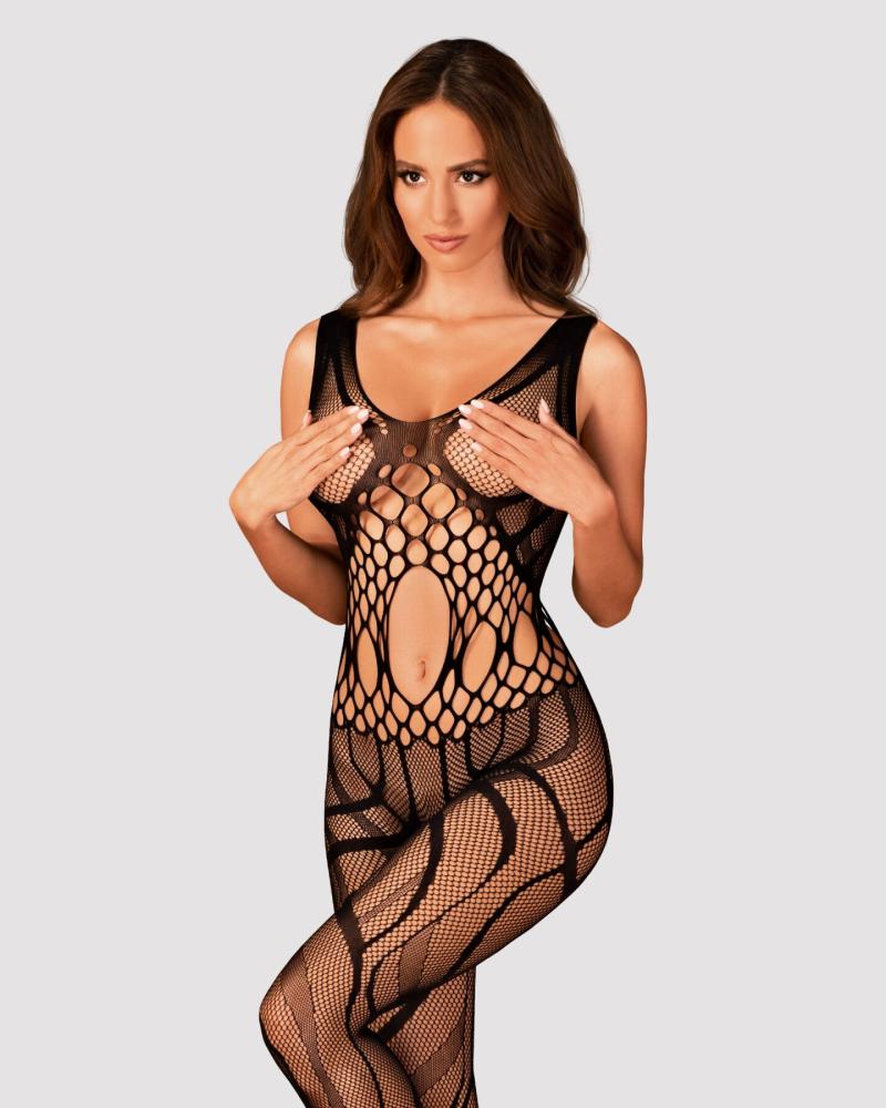 SO7249 Сетчатый бодистокинг с вырезами и рисунком Obsessive Bodystocking G328 S/M/L, черный, комбинезон