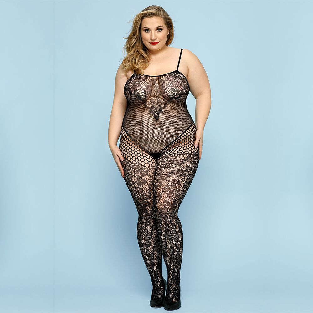 SO8388 Откровенный бодистокинг JSY «Роковая Скарлет» Plus Size, Black, имитация боди, кружево, доступ